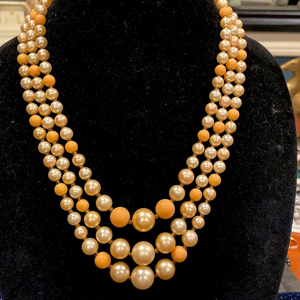 Japan Peach and Pearl 3 -Beaded Necklace. Lucite. Gold Tone Clasp. Signed Japan